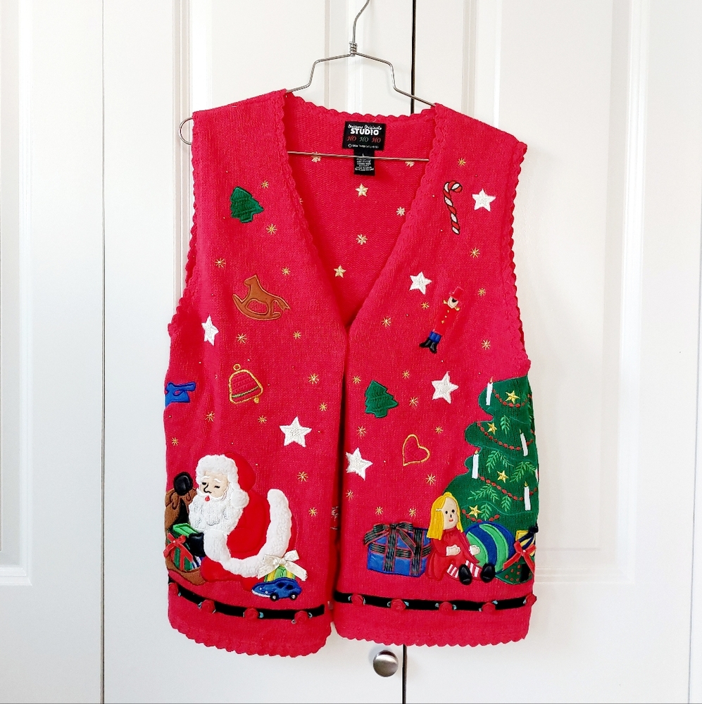 Santa Under the Christmas Tree Red Beaded Sweater Vest size L Designer Original